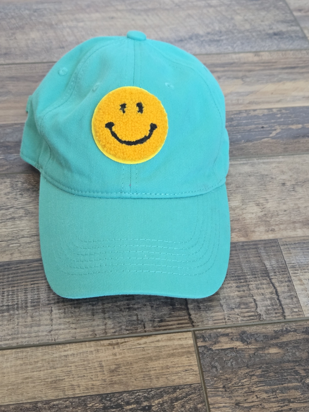 Nexstar Teal Green Smiley Face Baseball Hat Chenille Patch Distressed Dad Cap